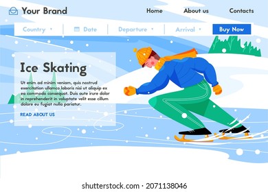 Ice skating vector flat landing page template. Man in warm clothes skating on ice rink. Sportsman training to sport competition or tournament. Hobby, winter sport, snowy landscape.