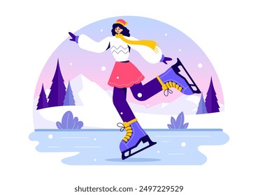 Ice Skating Vector Illustration of Winter Fun Outdoor Sports Activities on an Ice Rink with Seasonal Outerwear in a Flat Style Cartoon Background