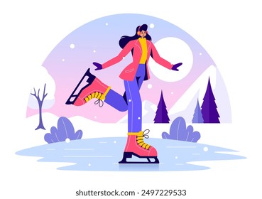 Eiskunstlauf-Vektorgrafik von Winterspaß Outdoor-Sportaktivitäten auf einer Eisbahn mit saisonaler Oberbekleidung auf flachem Cartoon-Hintergrund