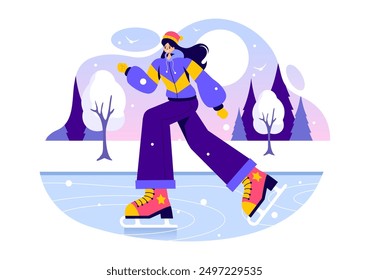 Ice Skating Vector Illustration of Winter Fun Outdoor Sports Activities on an Ice Rink with Seasonal Outerwear in a Flat Style Cartoon Background