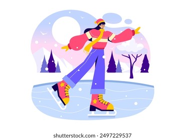 Ice Skating Vector Illustration of Winter Fun Outdoor Sports Activities on an Ice Rink with Seasonal Outerwear in a Flat Style Cartoon Background