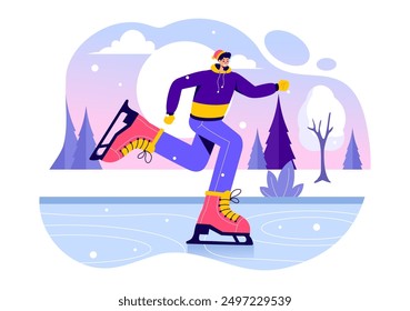 Ice Skating Vector Illustration of Winter Fun Outdoor Sports Activities on an Ice Rink with Seasonal Outerwear in a Flat Style Cartoon Background