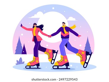 Ice Skating Vector Illustration of Winter Fun Outdoor Sports Activities on an Ice Rink with Seasonal Outerwear in a Flat Style Cartoon Background