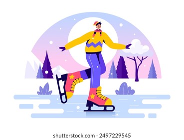 Ice Skating Vector Illustration of Winter Fun Outdoor Sports Activities on an Ice Rink with Seasonal Outerwear in a Flat Style Cartoon Background