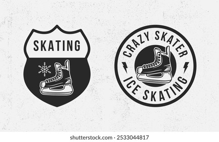 Conjunto de emblemas vintage de patinaje sobre hielo. Cartel vintage de moda con patines de hockey sobre hielo. Textura grunge. Ilustración vectorial