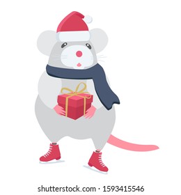 Ice skating white rat with a gift. Symbol of the year 2020
