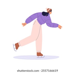 Ice skating in winter. Happy female skater enjoying leisure activity on rink. Woman sliding, wintertime hobby, active entertainment. Flat graphic vector illustration isolated on white background