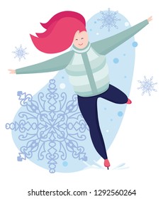 Ice skating. Woman skating on ice with figure skates outdoors in the snow. Colorful vector illustration in flat cartoon style.