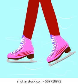 Ice skating woman on the rink. Close up illustration of the girl legs wearing skates. vector illustration

