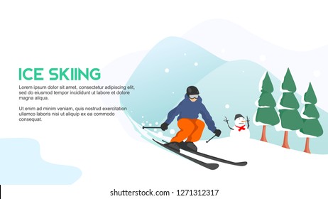 ice skiing down the ice mountain with snowman and trees background soft pastel blue flat vector illustration with text and title