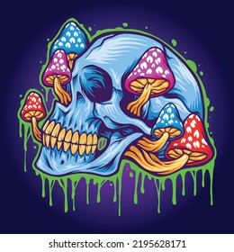 Cabeza de calavera de hielo hongos psicodélicos ilustraciones vectoriales para tu logo de trabajo, camiseta de mercadería, pegatinas y diseños de etiquetas, afiche, tarjetas de felicitación compañía comercial o marcas