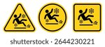 Ice Slippery Surface sign. Caution Signs for Snow and Ice Hazards. Alert for Slippery Road Conditions. Hazard slippery surface wet floor sign, vector illustration isolated on white background.