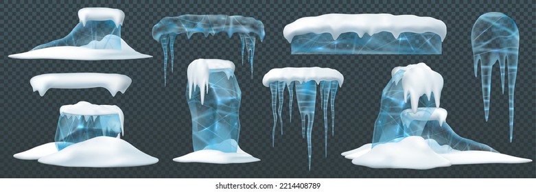 Eis und Schnee. Elemente arktische schneebedeckte kalte Wasser Winter. Realistische Icon-Set, Cartoon-Stil. Vektorgrafik.