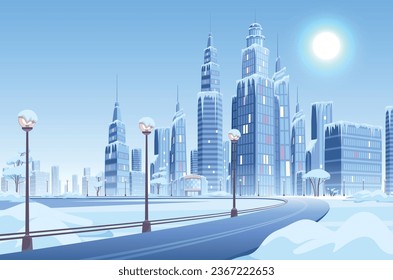 Ice snow modern city composition with cityscape view of winter day in urban area with buildings vector illustration