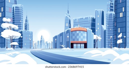 Ice snow modern city composition with winter view of urban area covered in snow and ice vector illustration