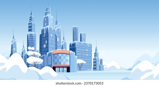 Ice snow modern city composition with cityscape view of skyscrapers with icicles and piles of snow vector illustration