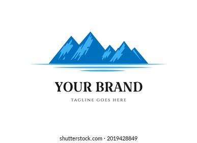Ice Snow Mountain Island with Strait Lake River Creek or Ocean Beach Logo Design Vector