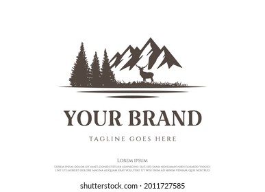 Ice Snow Mountain with Pine Cedar Conifer Evergreen Cypress Hemlock Larch Fir Forest and Lake River Creek for Hunting Adventure Logo Design Vector