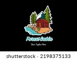 Ice Snow Mountain Pine Evergreen Spruce Fir Forest with Lake Creek River for Cabin Chalet Cottage Logo Design