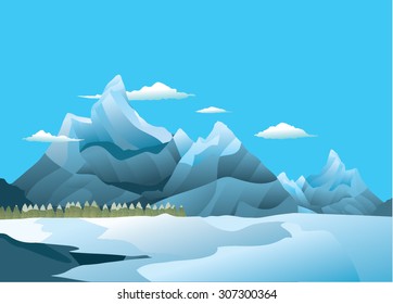 Ice and snow plain with mountains and pine forest.