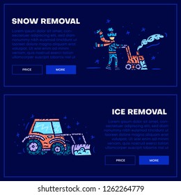 Ice and snow removal. Flyer text template. Vector banner concept. Winter grooming machine