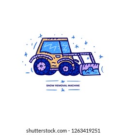 Ice and snow removal. Winter tractor. Snowplow machine. Vector concept