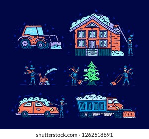 Ice and snow removing. Grooming and snowplow machine. Man with shovel . Vector illustration