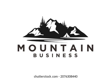 Ice Snow Rocky Mountain, Creek River Mount Peak Hill Nature Landscape view logo design pine tree tent icon