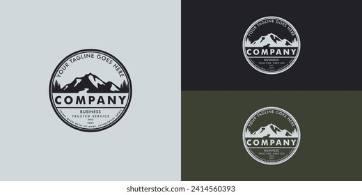 Ice Snow Rocky Mountain, Creek River Mount Peak Hill Nature Landscape view logo design presented with multiple background colors. The logo is suitable for outdoor adventure logo design inspiration