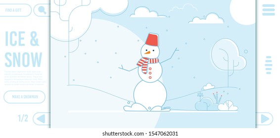 Ice and Snow Text. Flat Landing Page. Cartoon Winter Scene Design. Snowman with Red Basket as Hat on Head, In Scarf. Natural Park, Yard, Forest Covered with Snow. Snowfall. Vector Illustration