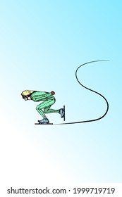 An ice speed skater skating on a ice rink. Hand drawn vector illustration.