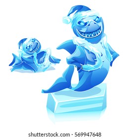 Ice statue of a grinning evil shark isolated on white background. Cartoon vector illustration close-up.