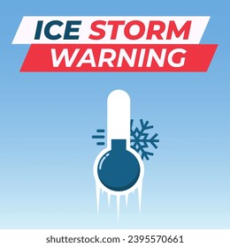 Eissturmwarnung. Warnung bei niedriger Temperatur. Thermometer mit Eis und Schneeflocken bei niedriger Temperatur. Textüberschrift. Vektorgrafik.