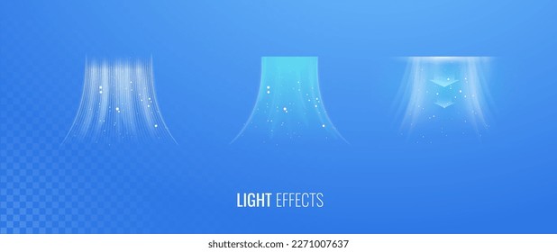 Ice stream of air set of vector elements on a light background. Abstract light effect blowing from air conditioner, purifier and humidifier for cooling. Dynamic blurred motion of stream with snowflake