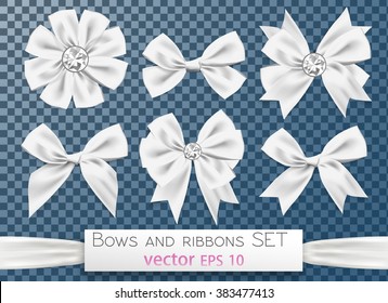 ice style elegant snowy white bowtie. Web page design, decoration element. Award, ceremony, wedding birthday symbol, sign. White silk glossy ribbon vector illustration set on transparent background.