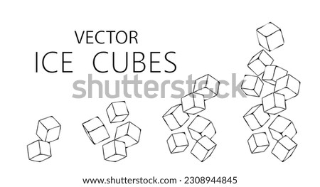 Ice or sugar cubes set. Flying ice cubes collection. White blocks with black outline. Vector illustration isolated on white background