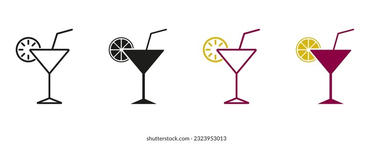 Ice Summer Cocktail Glass with Straw and Lime. Tropical Coctail. Cocktail Margarita Line and Silhouette Icon Set. Drink Martini, Liquor, Vodka, Champagne Pictogram. Isolated Vector Illustration.