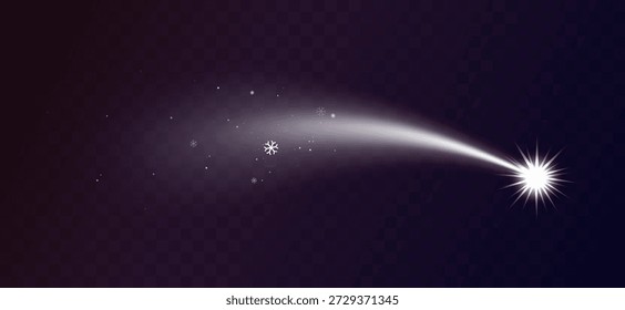 Los remolinos de hielo y la brillante estrella o cometa caen a través del cielo. Escarcha, estética glaciar, brillo y textura congelada. Frialdad, claridad y luminosidad árticas, Ilustración vectorial brillante
