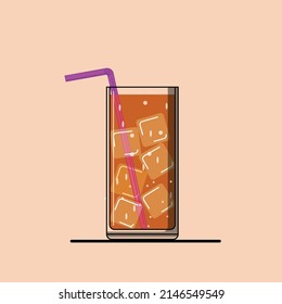 ice tea with 6 pcs ice cube and a purple straw