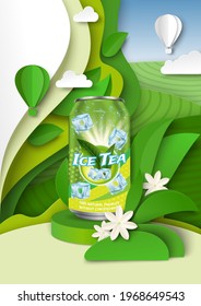 Ice tea ads template, vector illustration. Herbal cold soft drink packaging aluminum can mockup, paper cut green tea leaves and fields.