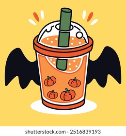 Té de hielo Bebidas de calabaza de otoño diseño especial de tema de Halloween, calabaza de té tailandés como té de leche de perla de burbuja, estilo de arte de garabatos de refrescos