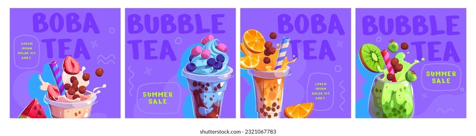 Ice tea bubble milk drink cup vector template. Pearl boba juice and smoothie sweet food post illustration with purple background. Strawberry and chocolate milkshake splash menu design. Summer cocktail