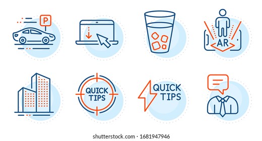 Ice tea, Car parking and Support service signs. Tips, Skyscraper buildings and Scroll down line icons set. Augmented reality, Quickstart guide symbols. Quick tricks, Town architecture. Vector