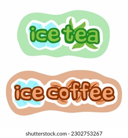 ice tea ice coffee sticks. Drink vector icon with stick, leaves tea, coffe beans and ice cubes