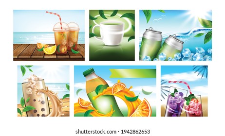 Ice Tea Creative Promotional Posters Set Vector. Orange And Lemon, Strawberry And Blueberry, Green And Fruit Tea Blank Packages Advertising Banners. Style Color Concept Template Illustrations