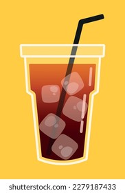 Ice Tea with ice cube and black straw in long glass for Summer Beach Party Drink and Beverage in Flat Vector Illustration