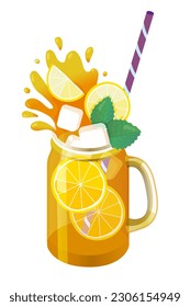 Ice tea with ice cubes, lemon, mint leaves. Fruit smoothie, ice tea, juice, lemonade, alcohol drinks. Vector illustration