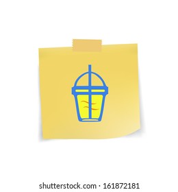 ice tea cup icon on yellow sticky note paper and tap isolated on blank background with shadow,vector