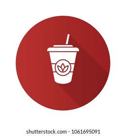 Ice tea flat design long shadow glyph icon. Detox drink. Disposable tea cup with straw. Vector silhouette illustration
