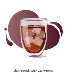 Ice tea. Glass cup with double bottom with cold black tea on dark gradient background. Tea party, cafe, healthy food, refreshing drink, cold drink concept